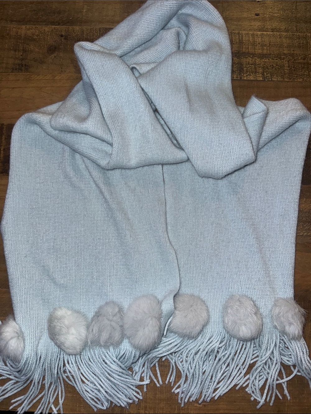 Light Blue Pom Pom Fringe Scarf
